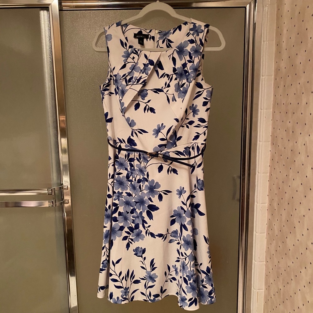 White Dress with Blue Flowers and Belt
